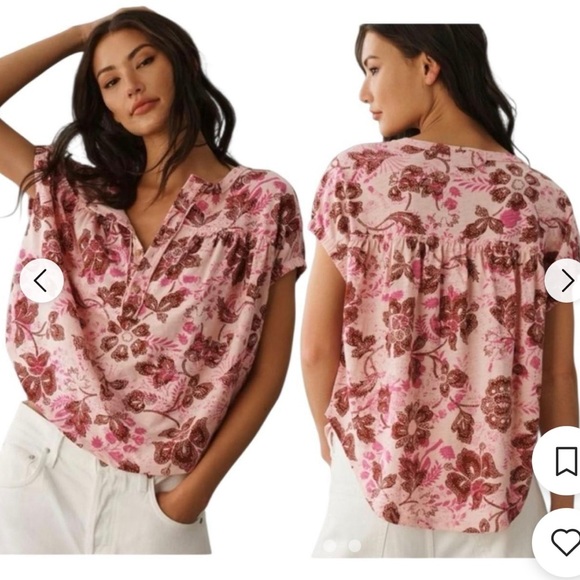 Pilcro Tops - Anthropologie Pilcro Floral Boho Stretch XXS Pink Ruched Henley Tee